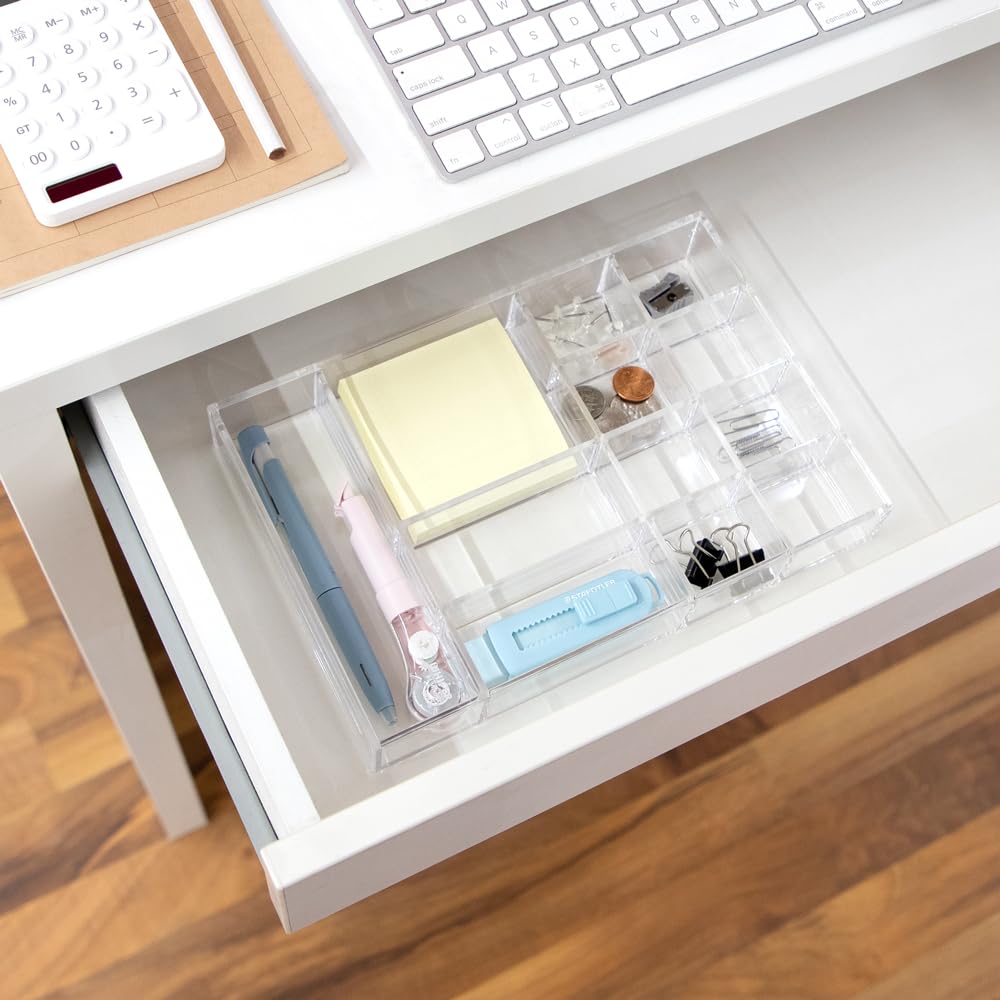 Isaac Jacobs 12-Compartment Clear Acrylic Drawer Organizer (9.4" L x 6.4" W x 1.3" H), Multi-Sectional Tray & Storage Solution for Makeup, School & Office Supplies, Bathroom, Kitchen