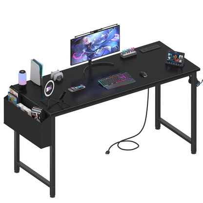 Lufeiya Gaming Desk with Power Outlet, 55 inch Teen Study Table Home Office Work Writing Computer Desks with Charging Station Outlets Built in, Black