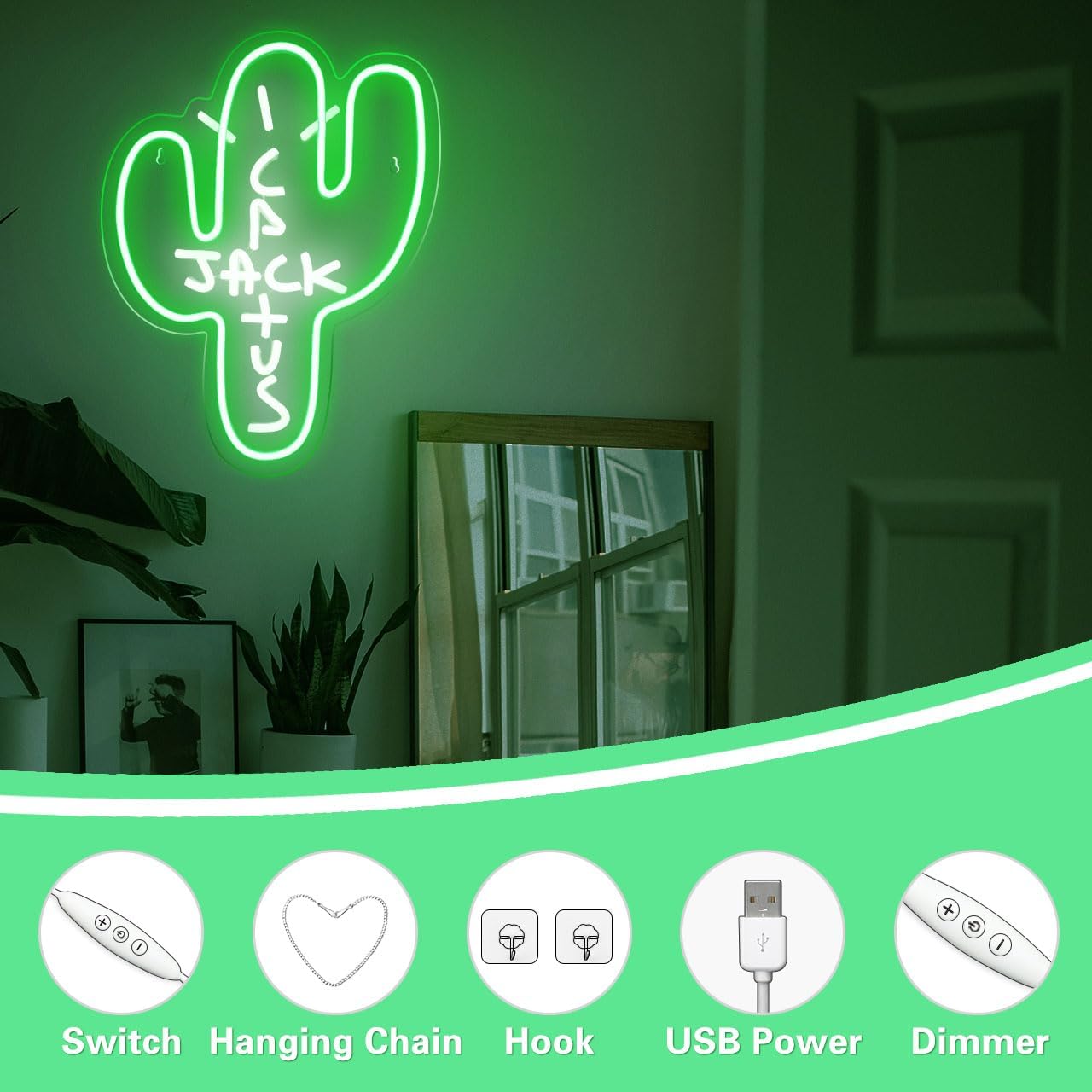 Cactus Jack LED Neon Sign - Decor Dimmable Green Jack Cactus Neon Light Up Wall Art for Bedroom Festival Decoration 15.7" X 11.8" Dimmer Home Lights for Man Cave Club Pub Beer Bar Birthday Christmas Gift