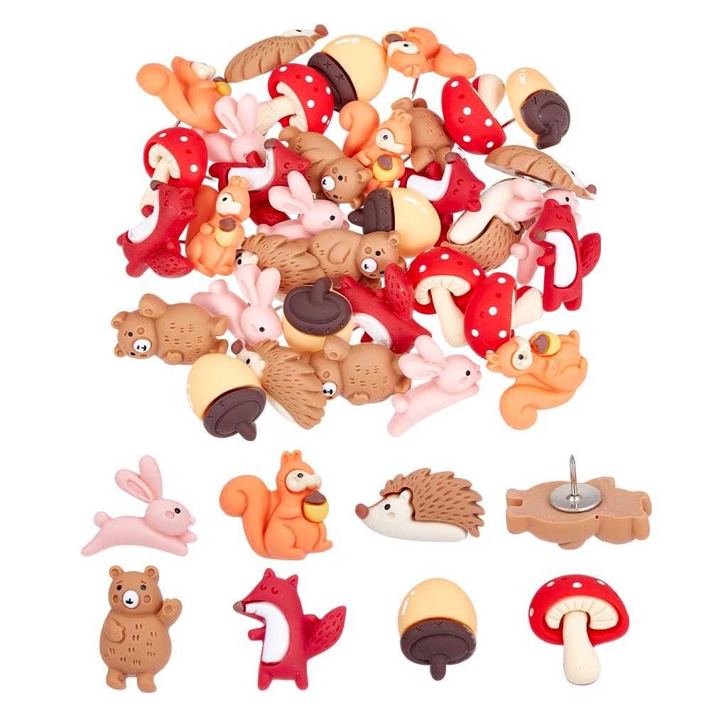 DELORIGIN 35Pcs Forest Animals Push Pins Resin Squirrel Fox Owl Mushroom Push Pins 7 Styles Cute Animals Thumb Tacks for Photo Wall Map Cork Board Bulletin Board Home Office Decorations
