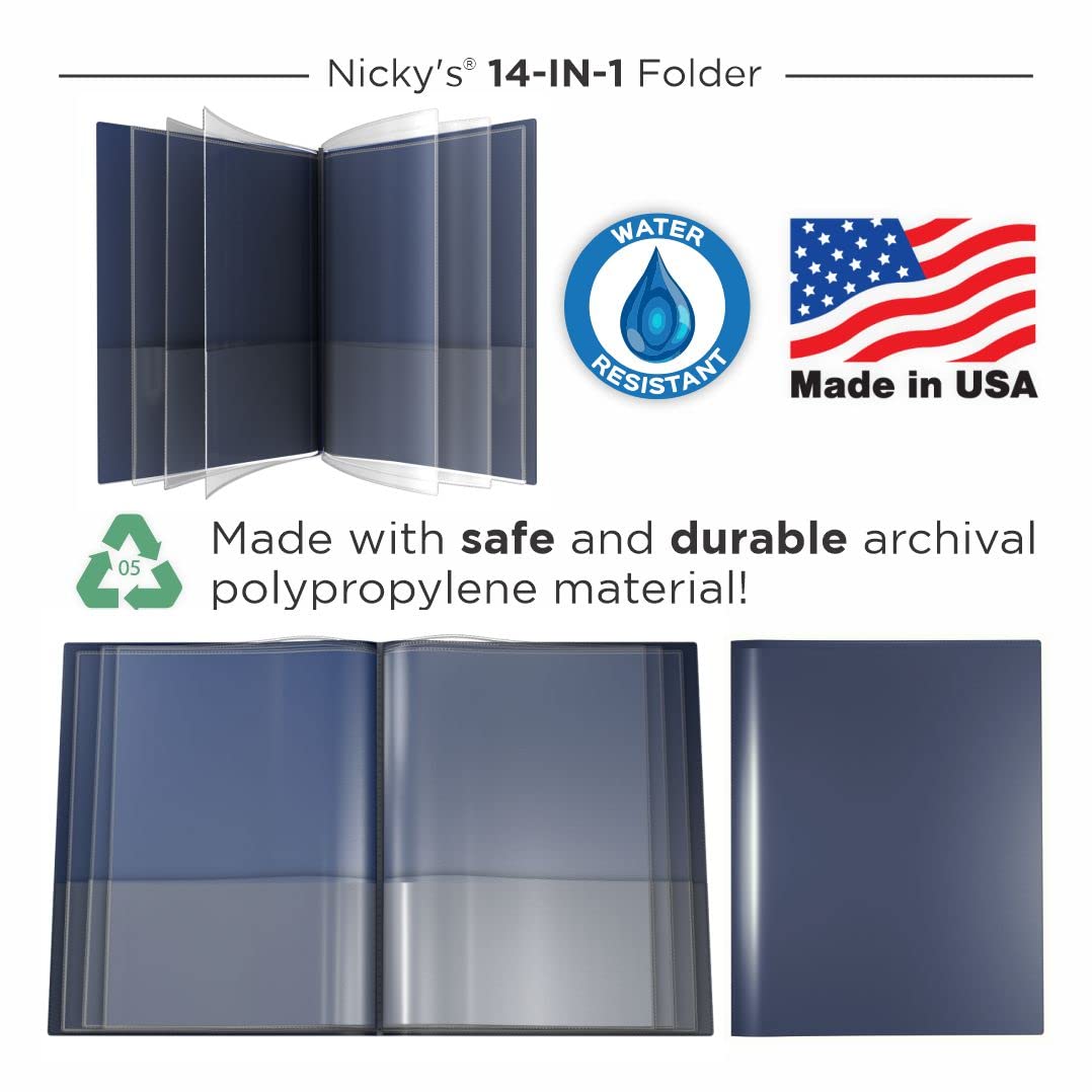 Nicky's® Multi Pocket Organizer, 10 or 14 Page Folder, Waterproof, Patented Tear-Resistant, Flexible Plastic, Proudly Made in USA, Binder Substitute. (14-in-1 Navy Blue)