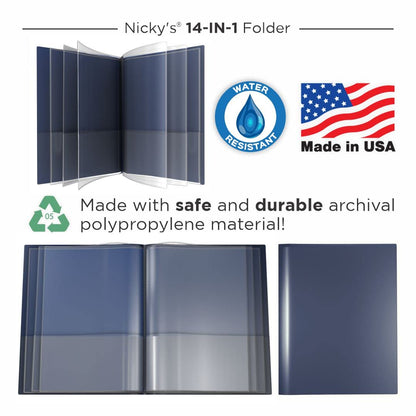 Nicky's® Multi Pocket Organizer, 10 or 14 Page Folder, Waterproof, Patented Tear-Resistant, Flexible Plastic, Proudly Made in USA, Binder Substitute. (14-in-1 Navy Blue)