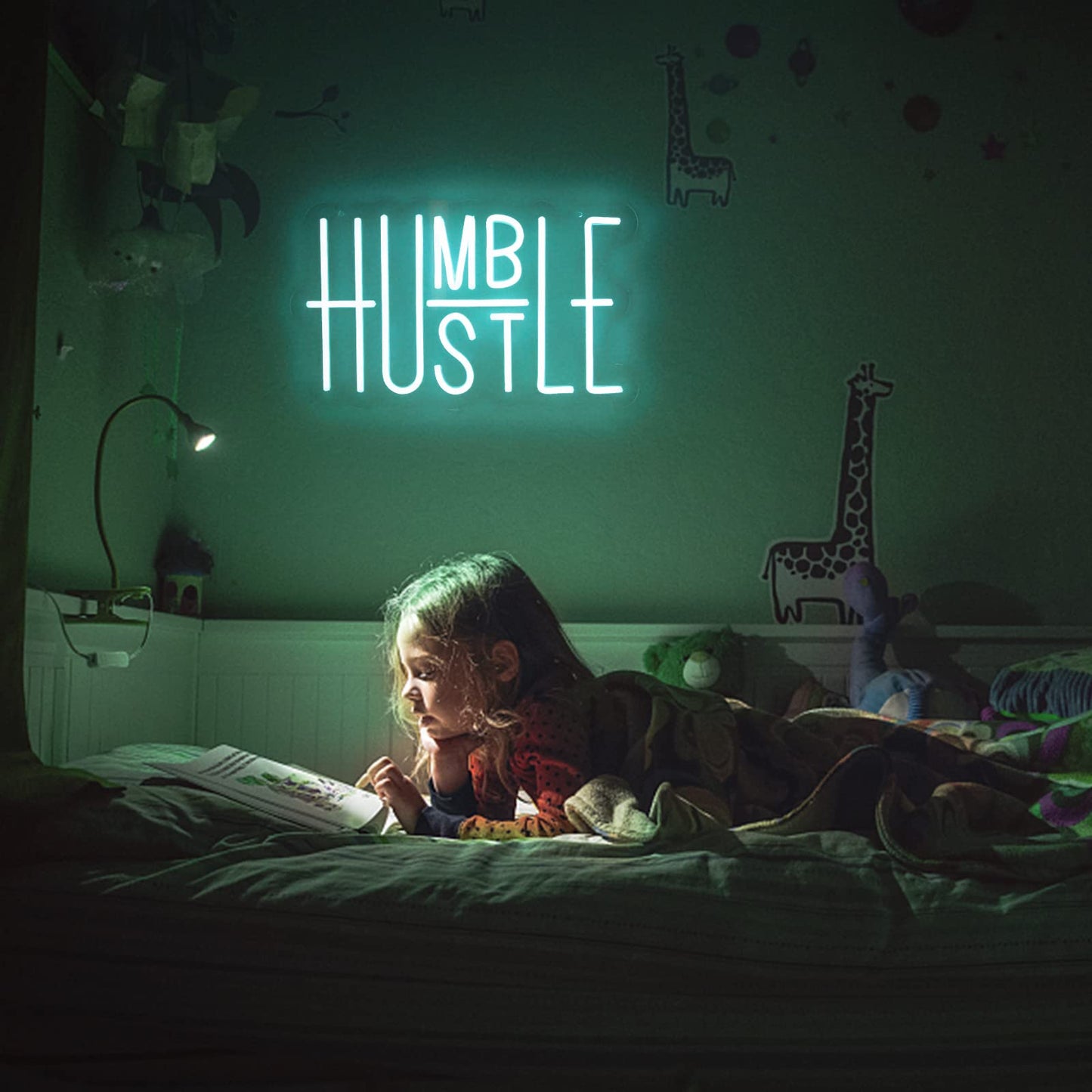 Hustle Words LED Neon Lights Party Decorations, USB Powered Switch LED Neon Lights Brightness Adjustable for Office Room, Gym Room, Man Cave, Gamer Room Decor (Blue)