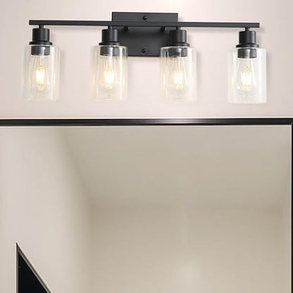 4-Lights Black Gallery Wall Sconces,Brushed Black Bathroom Vanity Light Fixtures with Clear Glass Shades, Farmhouse Modern Wall Lighting for Mirror,Living Room,Bedroom, E26 Base