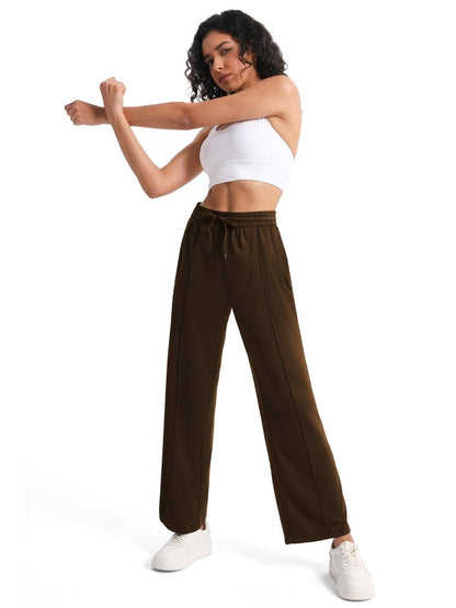 Tapata Long Womens 32" Inseam Track Pants Relaxed Fit Striped Workout Sweatpants Baggy Trousers with Zipper Pockets, Brown, L