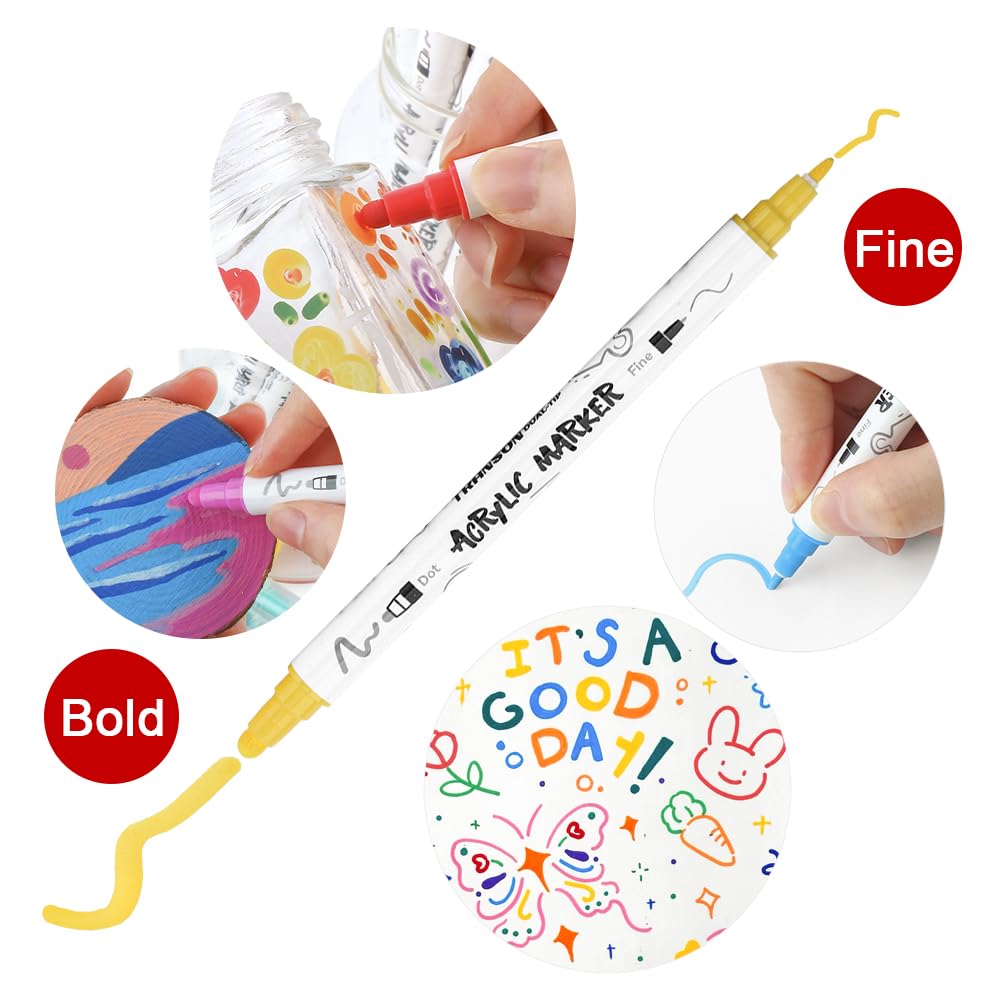 TRANSON 24 Color Bold and Fine Dual-tip Acrylic Paint Pen Set for Canvas Rock Wood Leather Ceramic DIY Painting