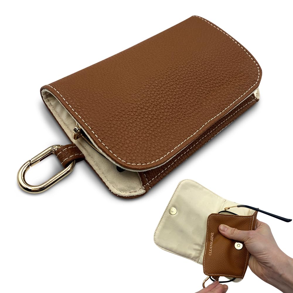 Chrome Cherry CleanSleeve Soft Eyewear Case with Integrated Microfiber Cloth – Slim, Scratch Protection Pouch for Glasses & Sunglasses, Lightweight PU Leather Sleeve with Clip (Not a Hard Case)