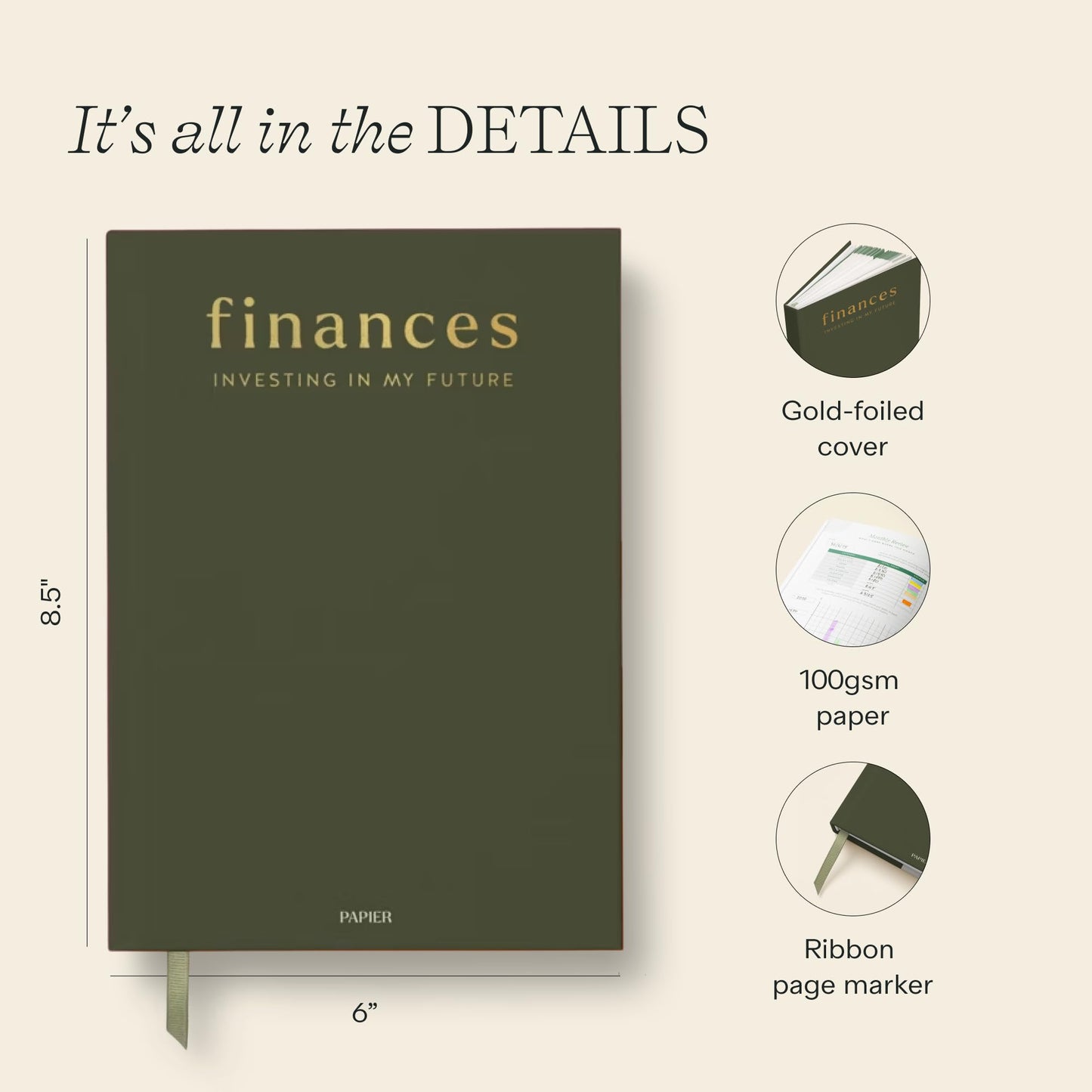 Papier Shine Finance Planner - Olive Hardback | Track Expenses, Savings, Outgoings | Undated | Includes Money Tracker, Daily & Monthly Calendar, & Monthly Budget Section | Budgeting Gift For Students
