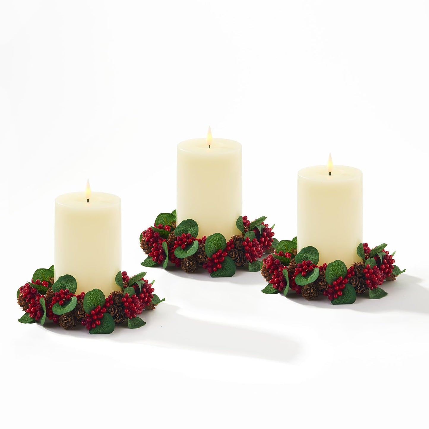 LampLust Winter Candle Rings, Set of 3 Mini Wreaths With Pine Cones & Red Berries, Fit 3 Inch Pillar Candles, Table Decor, Farmhouse Mantel Decor