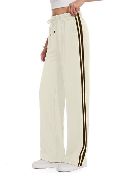 Tapata Long Women's 32" Inseam Casual Pants Track Athletic Sweatpants Warm Up Loose Side Stripe Street Slacks, Beige, L
