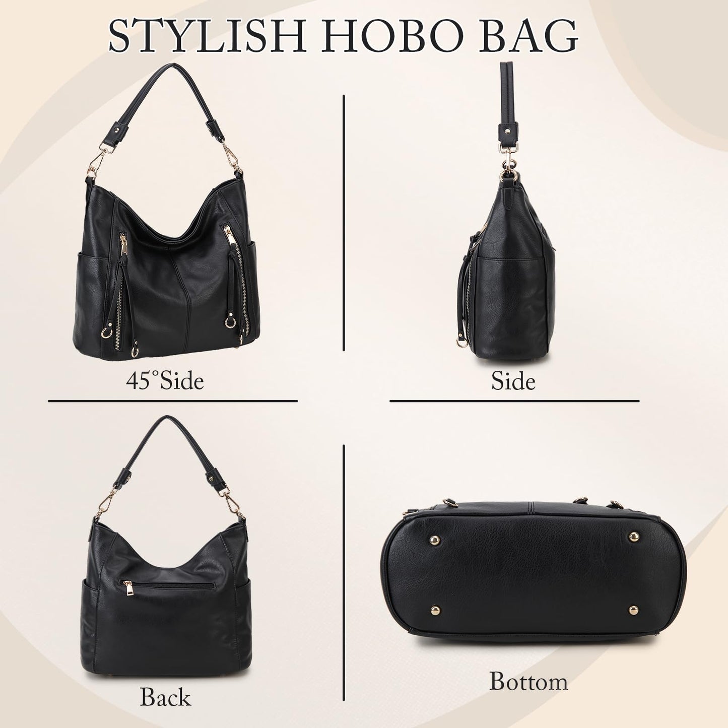 Chase Chic Hobo Bag for Women, PU Leather Ladies Purse and Handbags with Adjustable Strap Trendy Large Crossbody Shoulder Bucket Bag for Work,Travel(Black)