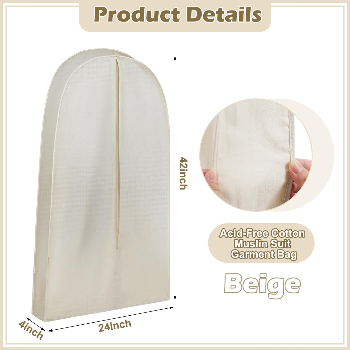 GliCraft 42 Inch Acid Free Cotton Muslin Suit Garment Bag Long Dress Suit Storage Box Closet Organizer for Suits, Coats, Travel Bag