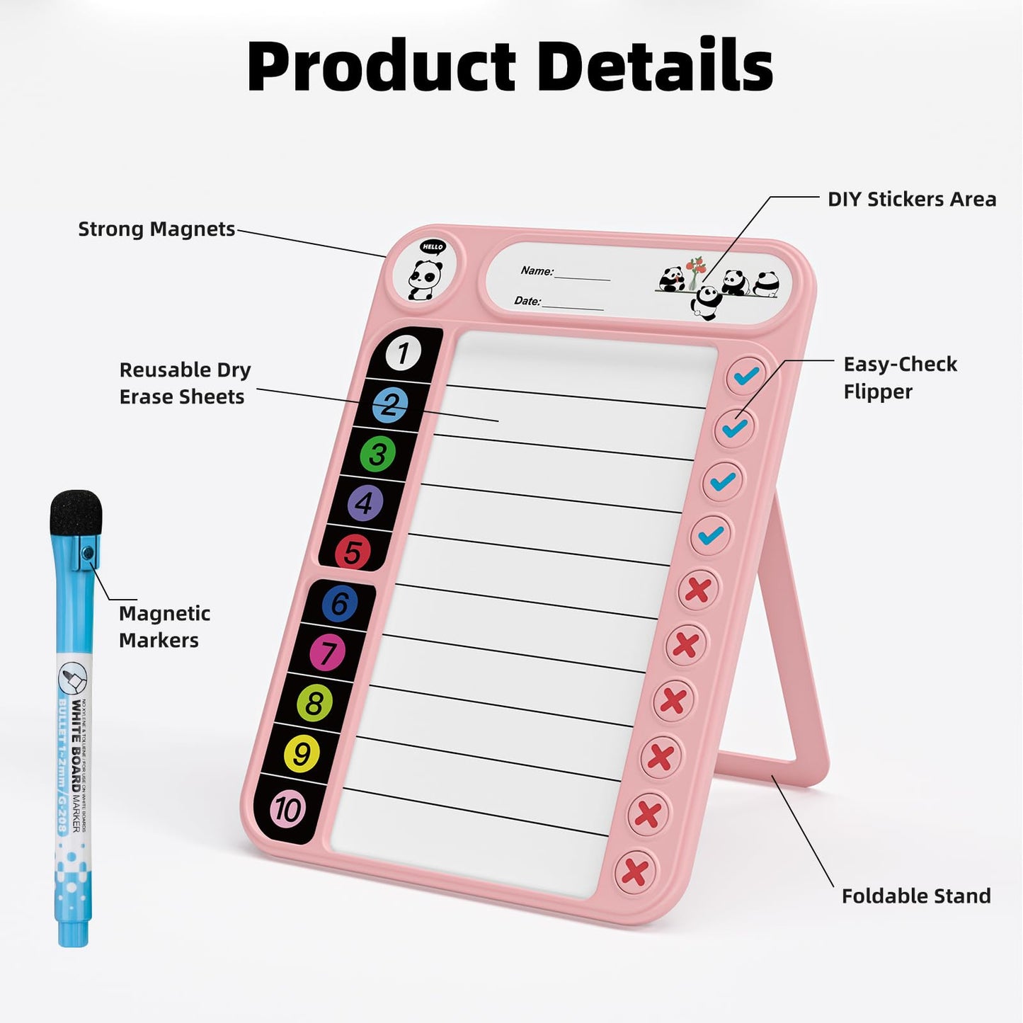 2-Pack Magnetic Chore Chart for Kids, ADHD Task Tracker Easy-Check Routine Dry Erase Board, to-Do List Planning Tool with Stand for Fridge/Desk/Home/School, 6 Reusable Sheets, 4 Markers Pink