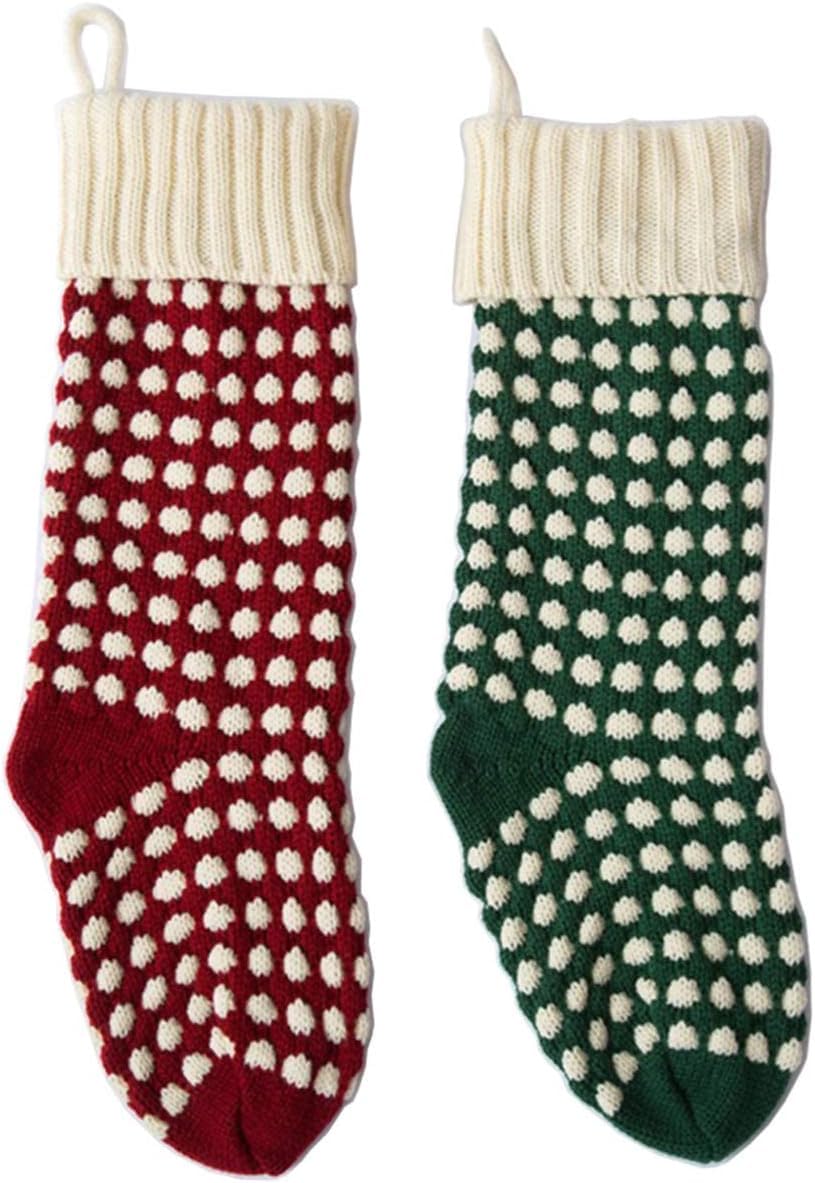 Guojanfon Christmas Stockings ，18" Unique Burgundy and Green Knit Christmas Stockings Dots Style (Length 18",Pack 2)