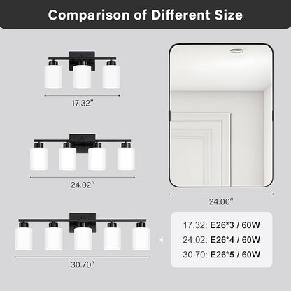Black Bathroom Light Fixtures, 4-Light Modern Vanity Light Over Mirror, Wall Sconces with Milky White Frosted Glass Shades, E26 Socket (Bulbs Not Included)