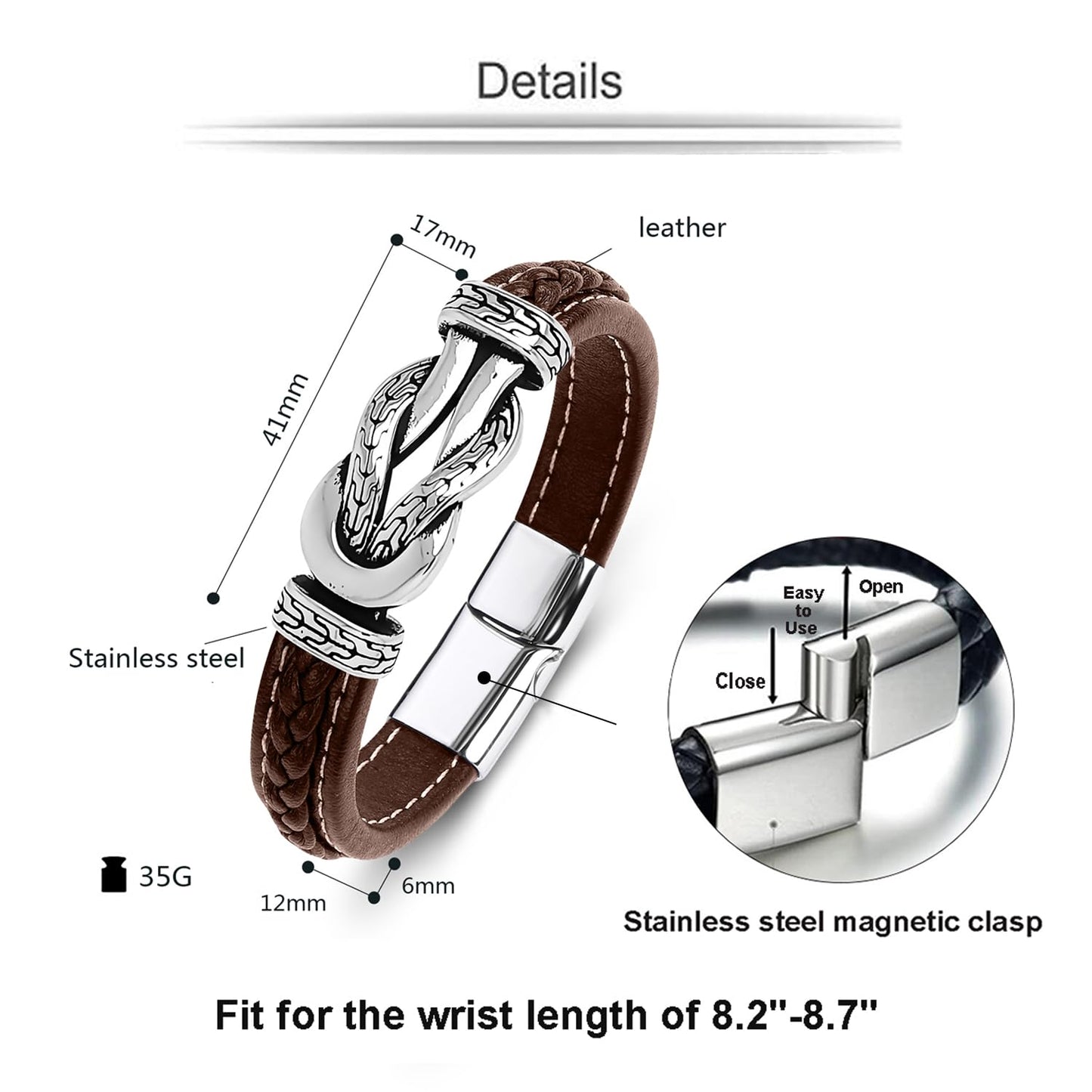 LJWVX Men's Braided Brown Leather Bracelet Wristband Cuff Bracelet for Men Gifts Stainless Steel Clasp