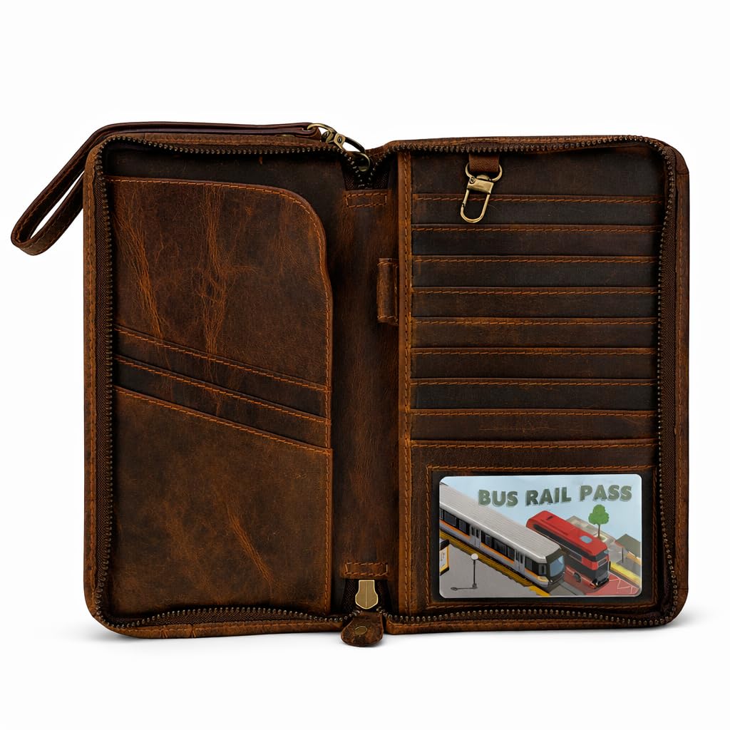 TheAntiq Brown Leather Family Passport Holder - Travel Document Organizer Wallet with Card Slots ID Window Zipper Closure for Multi Passport Storage Travel Use, 5 x 9