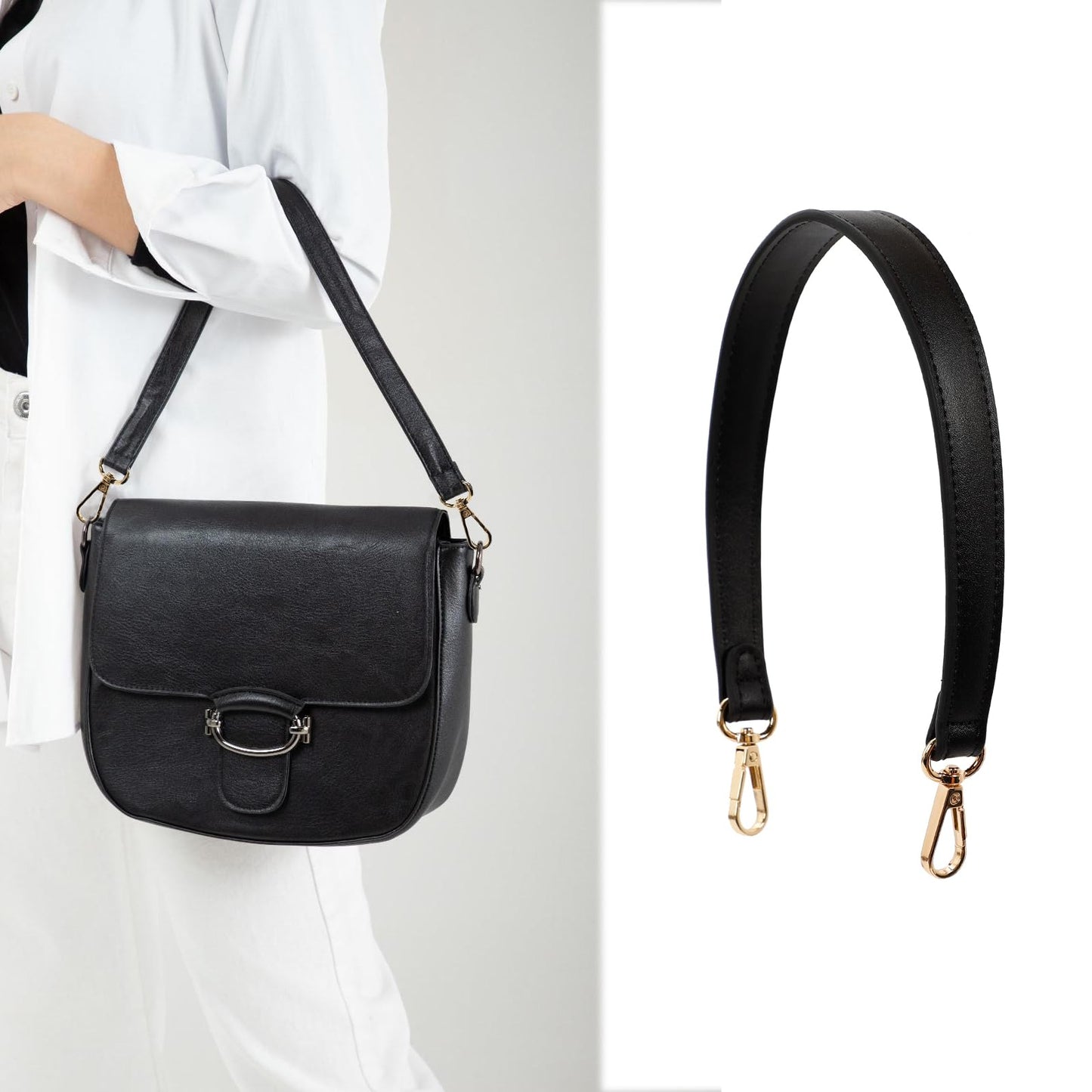 cadupor Black Leather Purse Strap, PU Leather Purse 1 Inch Wide 19 Inch Long Purse Strap Replacement with Swivel Clasps for Tote Shoulder Bag