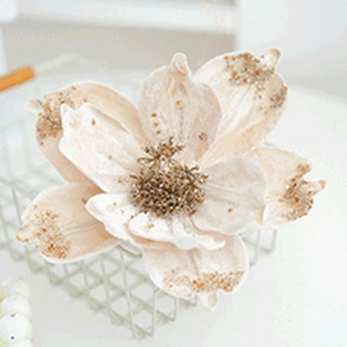 JOYO Christmas Glitter Magnolia Flowers, 10'' Poinsettia for Tree, Easy to Hang Artificial Picks (Cream, 6Pcs)