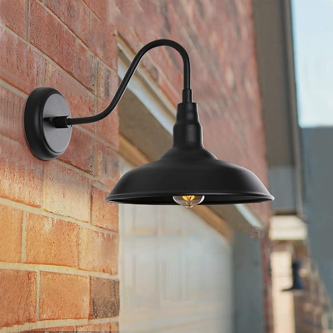 Black Outdoor Barn Light with Wall Mount 2 Pack Exterior Gooseneck Lights with 10" Dome, Farmhouse Style Outside Wall Sconce for House, Porch, Patio