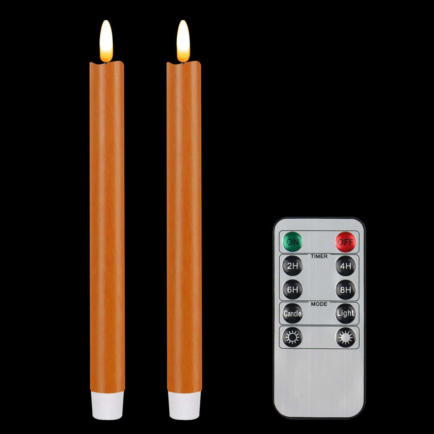 CVHOMEDECO. Real Wax Flameless Taper Candles with 10-Key Remote, Battery Operated Led Flickering 3D Wick Light Window Candles Home Christmas Party Decor 0.78 x 10 Inch, Pack of 2, Orange