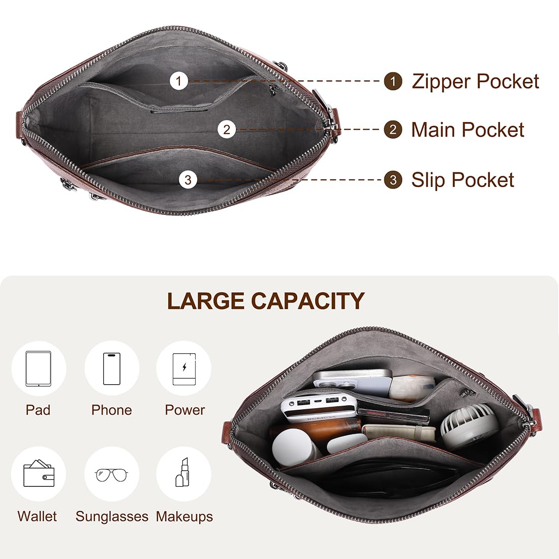 COOLCY Genuine Leather Crossbody Bags for Women Purses and Handbags for Ladies with Multiple Pockets Shoulder Satchel Bag