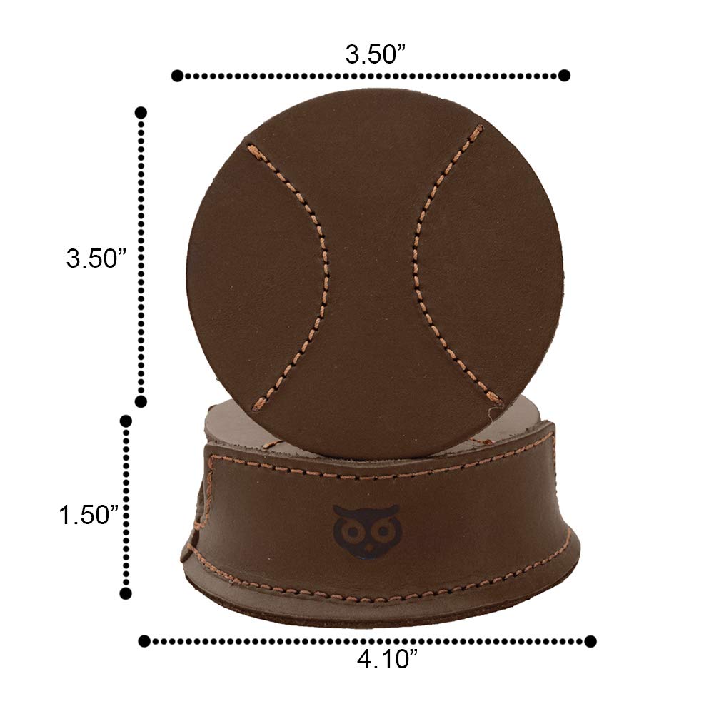 Durable Thick Leather Baseball Coasters (6-Pack) Handmade by Hide & Drink (Bourbon Brown)