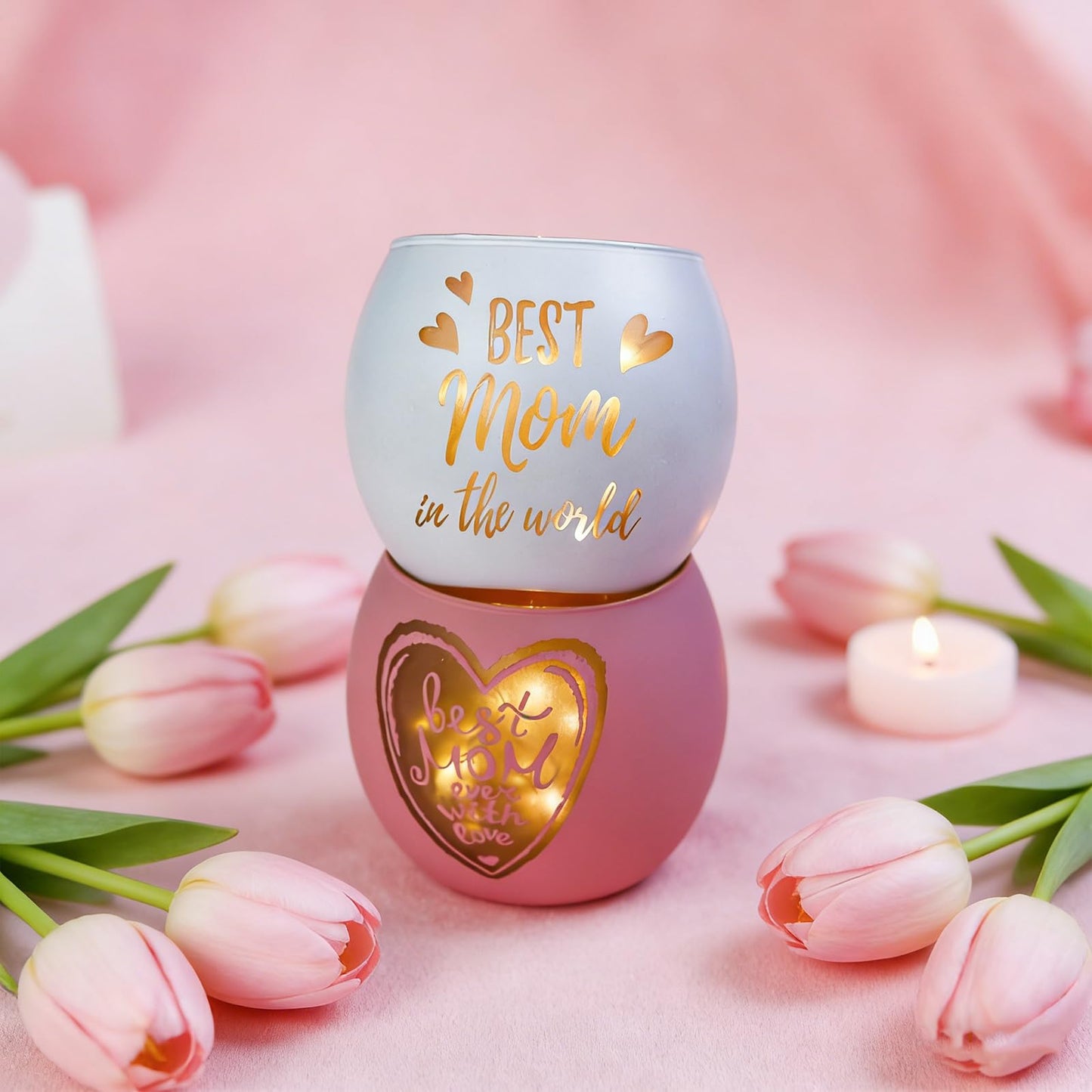 Mother's Day Glass Candle Holders Set of 4, Best Mom Ever Tealight Holders with Super Mom & Heart Designs, Decorative Votive Candle Holders for Women's Birthday, Grandma Gift & Mother's Day Decor