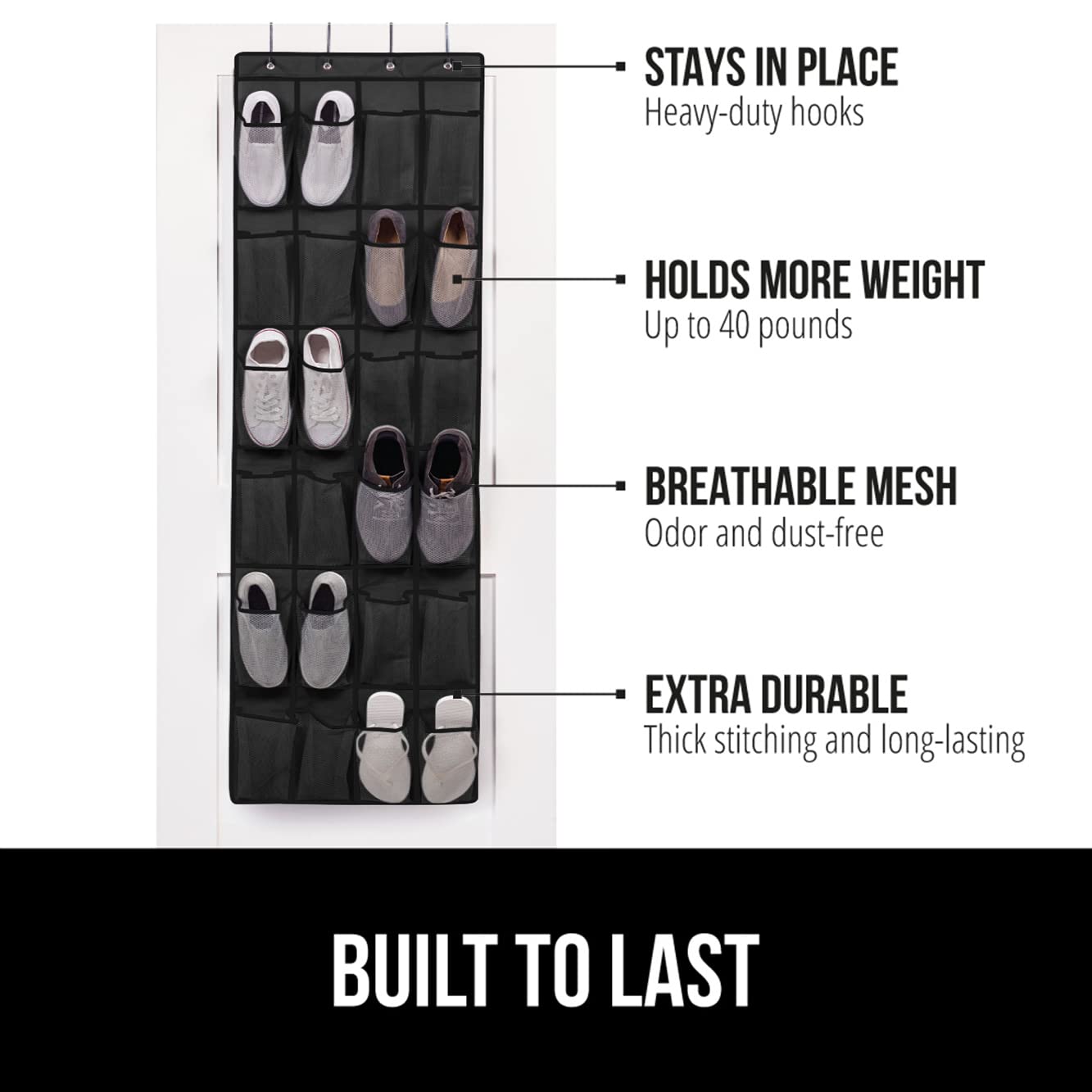 GORILLA GRIP Over the Door Shoe Organizer, 24 Large Breathable Mesh Pockets, Space Saving Hanging Storage Holder, Closet Rack Hanger Holds Up to 40 lbs, Hangs on Closets for Shoes, Accessories, Black