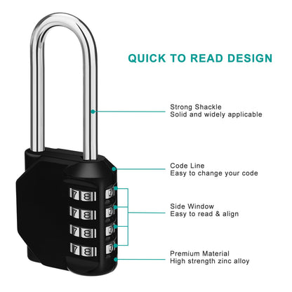 ZHEGE Long Shackle Padlock, 4 Digit Combination Lock, Resettable Combo Lock for School, Gym Employee Locker, Outdoor, Fence (Black)