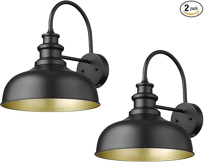 Bestshared Gooseneck Barn Light 14 Inch Dome Farmhouse Outdoor Wall Sconce,Exterior Wall Mount Lighting Fixture Outdoor Lantern Lamp for Front Door, Entryway,Patio,Garage (Black+ Gold, 14” Dome-2Pack)