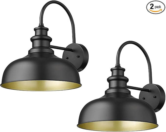 Bestshared Gooseneck Barn Light 14 Inch Dome Farmhouse Outdoor Wall Sconce,Exterior Wall Mount Lighting Fixture Outdoor Lantern Lamp for Front Door, Entryway,Patio,Garage (Black+ Gold, 14” Dome-2Pack)