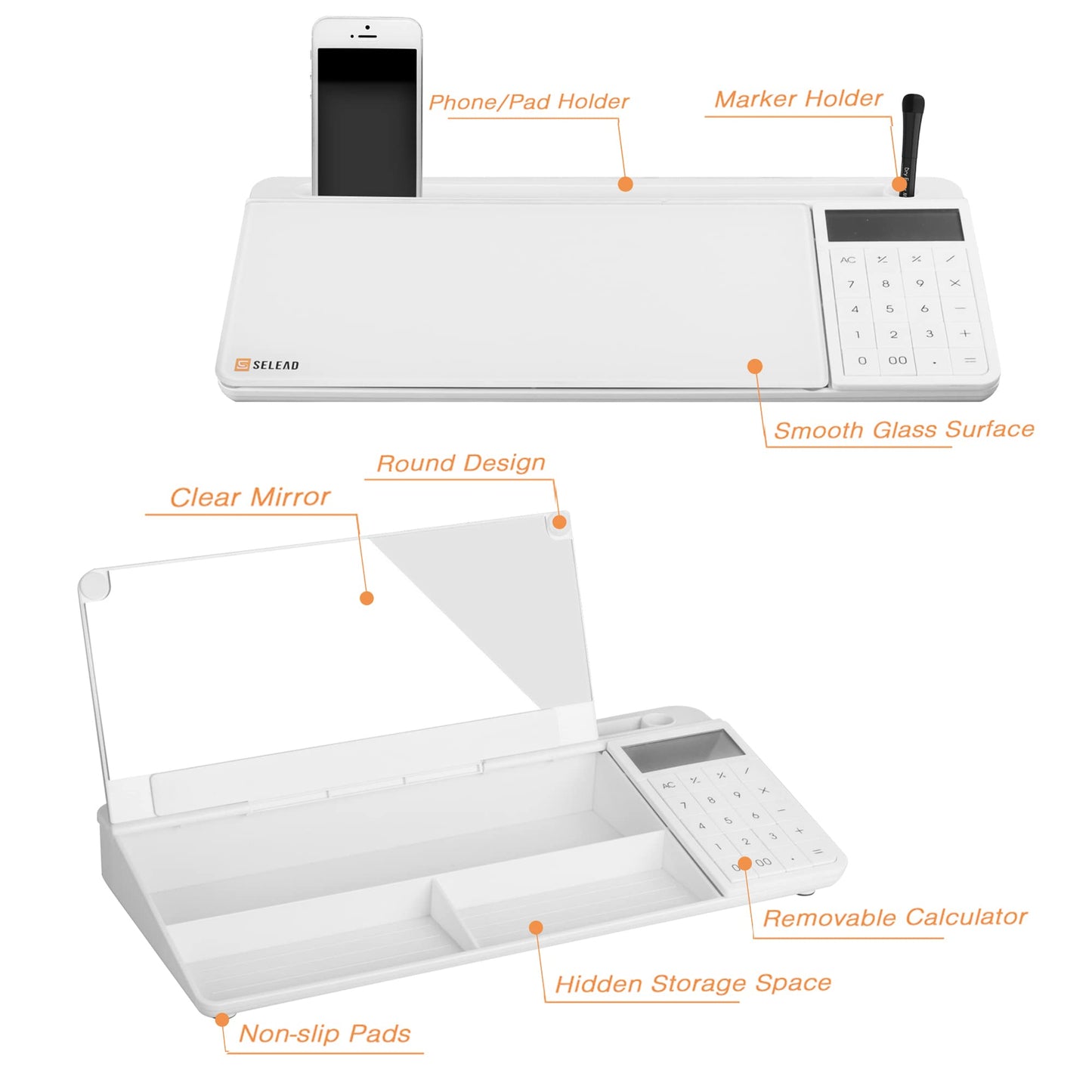 SELEAD Desktop Glass Whiteboard with Calculator & Built-in Mirror, Dry Erase White Board Computer Pad Keyboard Stand with Organizer Drawer, Desk Accessories for Home, School, Office