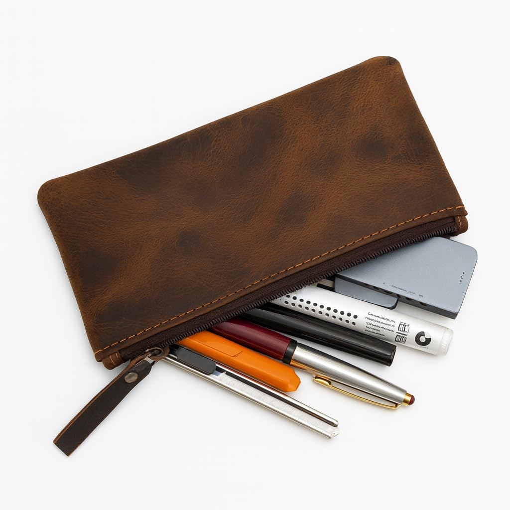 TheAntiq Leather Pencil Pouch, Currency Pouch, Leather Pencil Case, Zippered Pouch Paper Money, Pen Case, Pen & Marker Case, Pencil Case For Artists & Professionals (Brown)