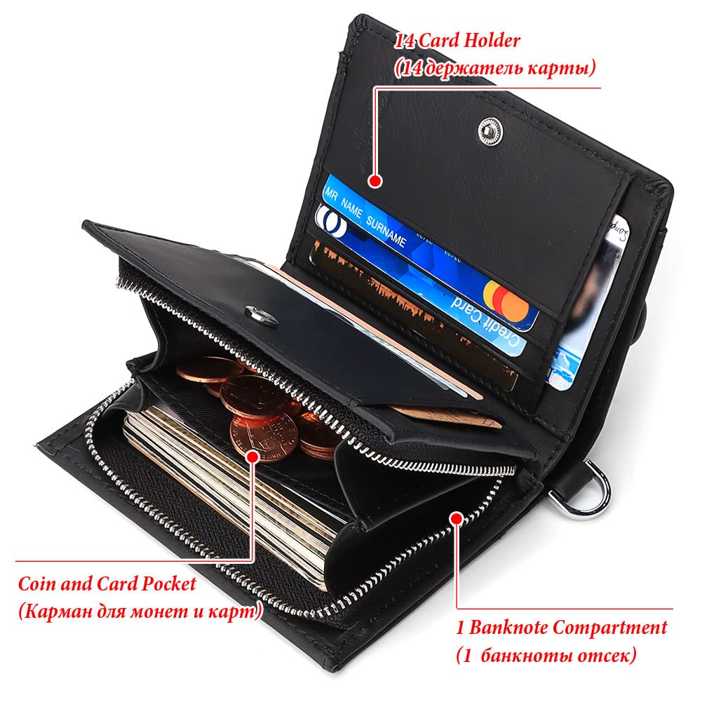 gzcz Mens Wallets with Chain Genuine Leather Bifold Wallet for Mens Rfid Blocking Mens Purse With Credit Card (Black)