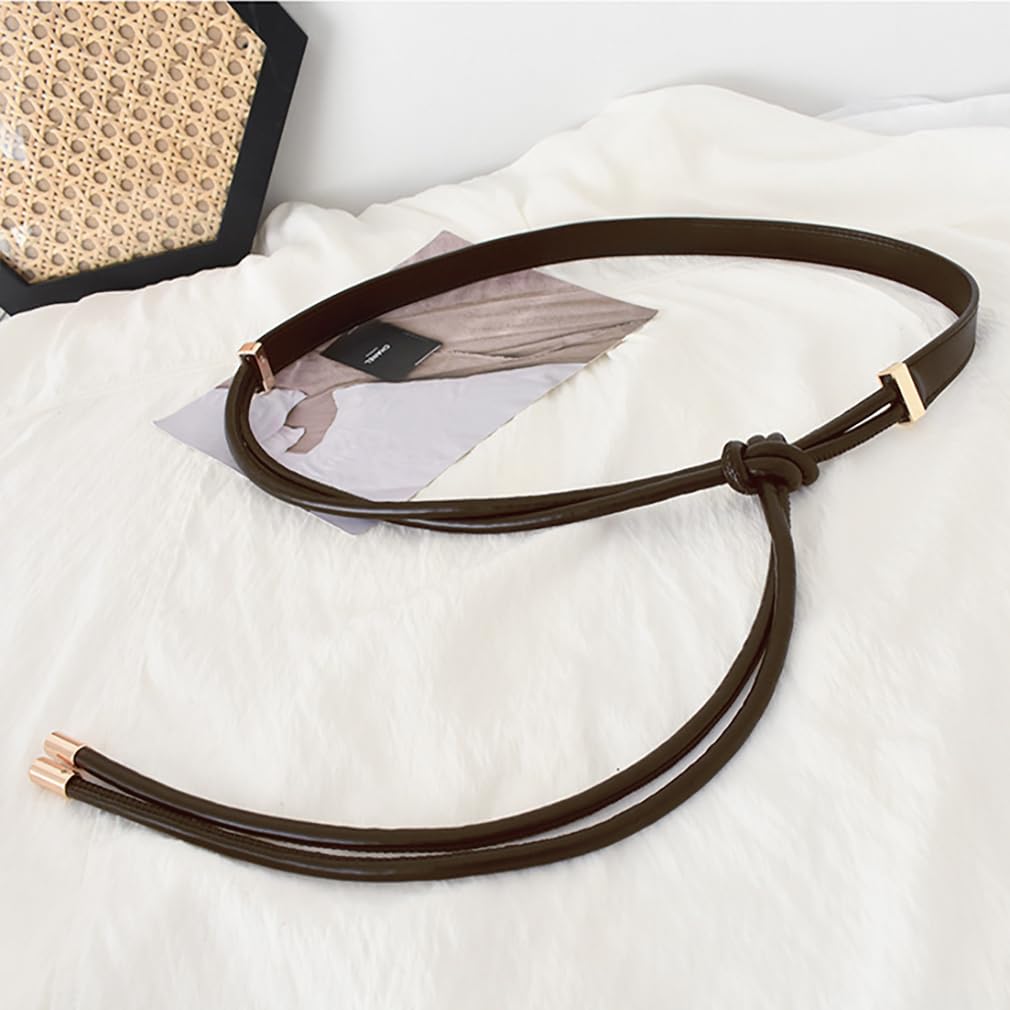 Buywis Skinny Belts for Women PU Leather Knotted Thin Waist Belt for Dresses Coffee Fit Waist 28"-40"