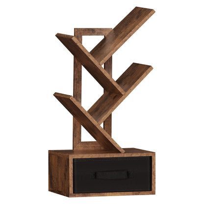 SHEEPAM Small Bookshelf with Drawer,4 Tier Tree Book Shelf,Wood Desk Bookshelves,Modern Free Standing Desktop Display Shelves,Brown Floor Standing Organizer Bookcase for Living Room,Bedroom,Office