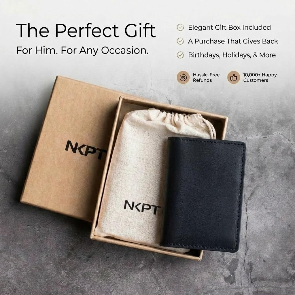 NKPT Slim Leather Credit Card Holder Wallet for Men | Full-Grain Leather, RFID Blocking, 6 Card Slots | Charcoal Gray