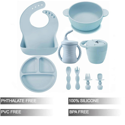 PandaEar Silicone Baby Feeding Set | 9PCS Baby Led Weaning Supplies Self Feeding Utensils | Divided Suction Plate Bowl Bibs Sippy Cup with Baby Snack Container Spoons Forks (Blue)