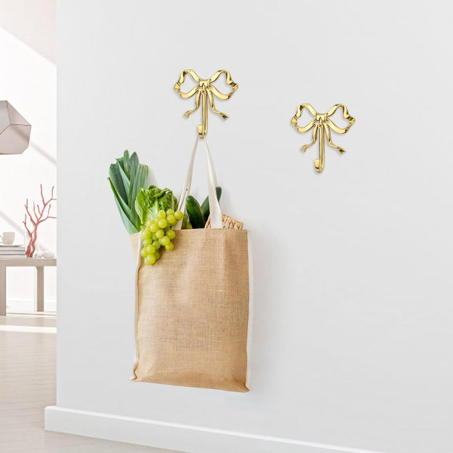 ZMHKJZDQ 2PCS Brass Bow Wall Hooks Gold Bow Wall Hooks Bow Wall Hook for Hallway Kitchen Hang Coats Keys Towels Bags Umbrellas Bathroom Living Room Kitchen Christmas Wall Decor Birthday Gift (Large)
