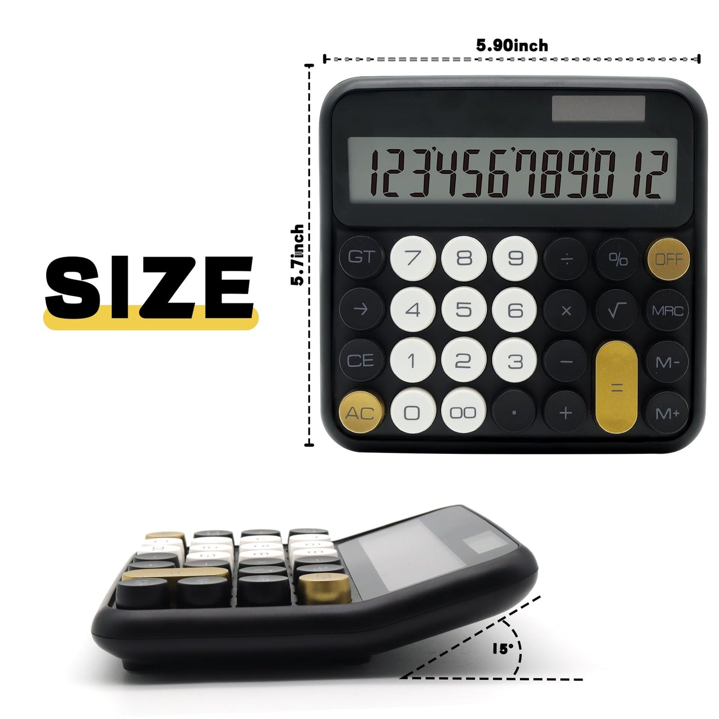 Black Calculator, UPIHO Standard Calculator 12 Digit with Large LCD Display and Big Buttons, Black Gold Office Accessories for Women Desk, Supplies for Office,School, Home, Business