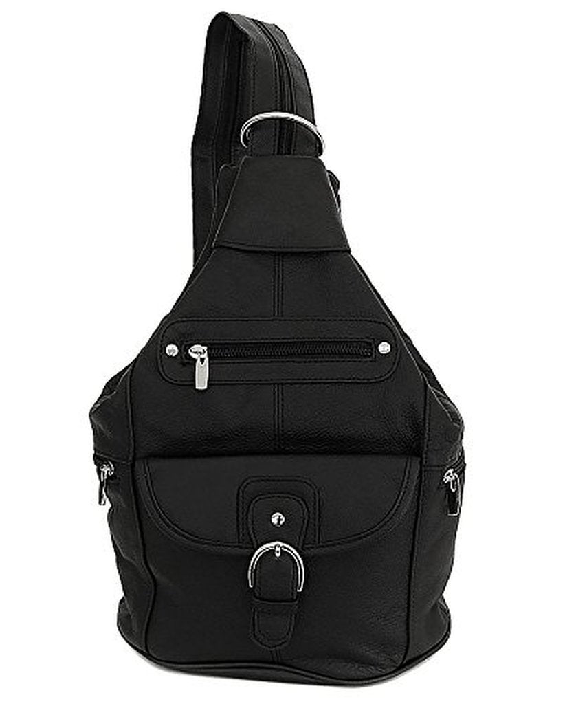 Womens Leather Convertible 7 Pocket Medium Size Tear Drop Sling Backpack Purse Shoulder Bag, Black