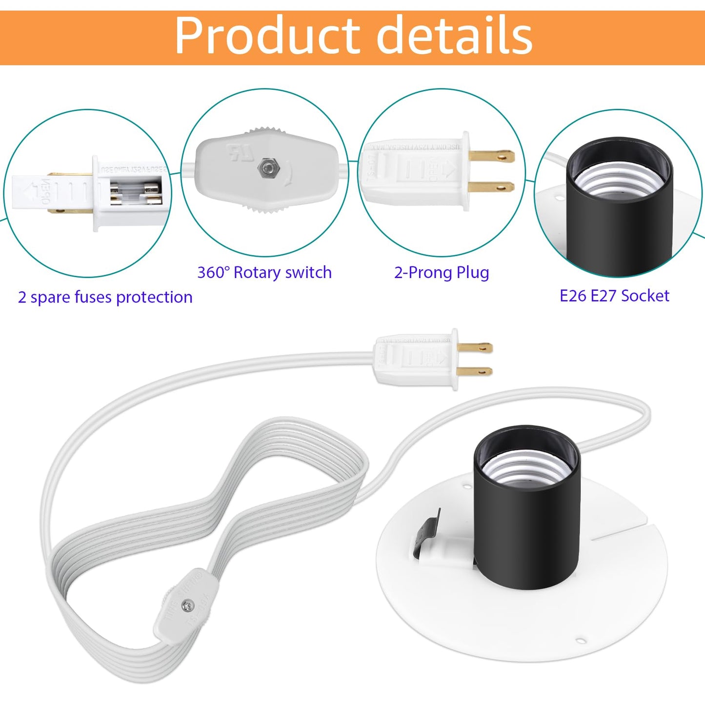 Basysion Blow Mold Light Kit Replacement Medium Base LightLight Cord with Switch, for MB48 E26 E27LED Single Light Cord Kit,for Christmas Village Halloween Salt Lamps Home Festive (2 Sets)