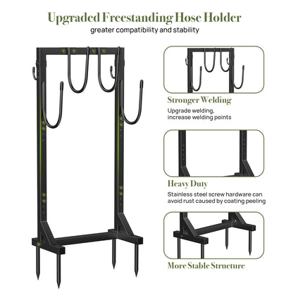 Winpull Garden Hose Holder Water Hose Holder with 4 Spikes, Freestanding Hose Hanger Outdoor Hold Stand Heavy Duty 6 Hooks Metal Garden Hose Storage Hose Reel Rack for Outside (Black)