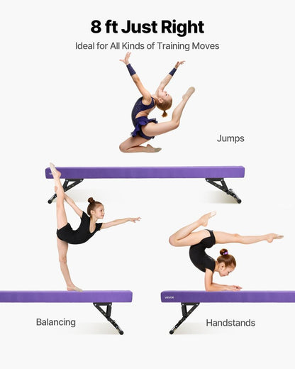 VEVOR Adjustable Balane Beam for Kids, 8FT Gymnastics Beam, High and Low Floor Beams of 5 Adjustable Heights for All Gymnastic Levels, Professional Gymnastic Equipment for Home and Gym Center, Purple