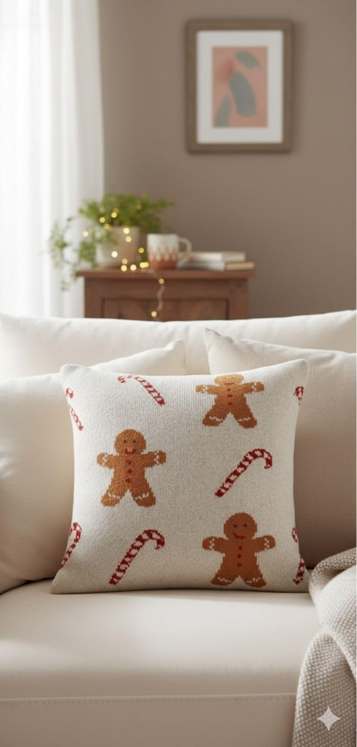 Christmas Decorative Throw Pillow Cover, White with Gingerbread Man and Candy Cane Pattern, Cotton Knit, Holiday Home Decor Pack of 2