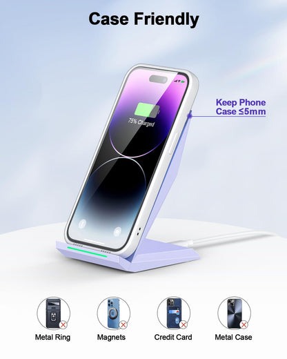 Fast Wireless Charger, NANAMI 15W Qi Certified Wireless Charging Stand Compatible iPhone 17/17 Air/16/15/15 Pro/15 Plus/15 Pro Max/14/13/12, for Samsung Galaxy S25/S24/S23/S22/S21 and Qi-Enabled Phone