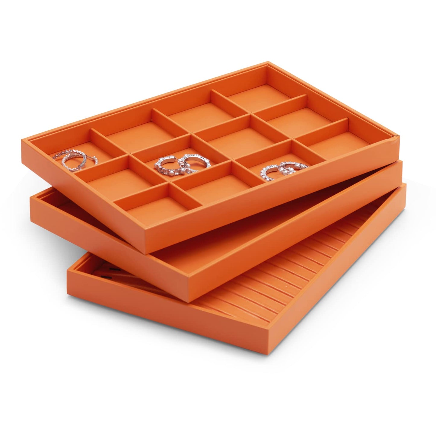 Oirlv Luxury Orange Leather Jewelry Tray Stackable Flat Jewelry Drawer Organizer Earrings Rings Bracelets Storage