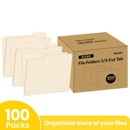 SUNEE Manilla Folders Letter Size (8.5 x 11 inches),100 Per Box, 1/3 Cut Tab for Easy Labeling and Organization, Durable Standard Paper for Home, Office, School Filing