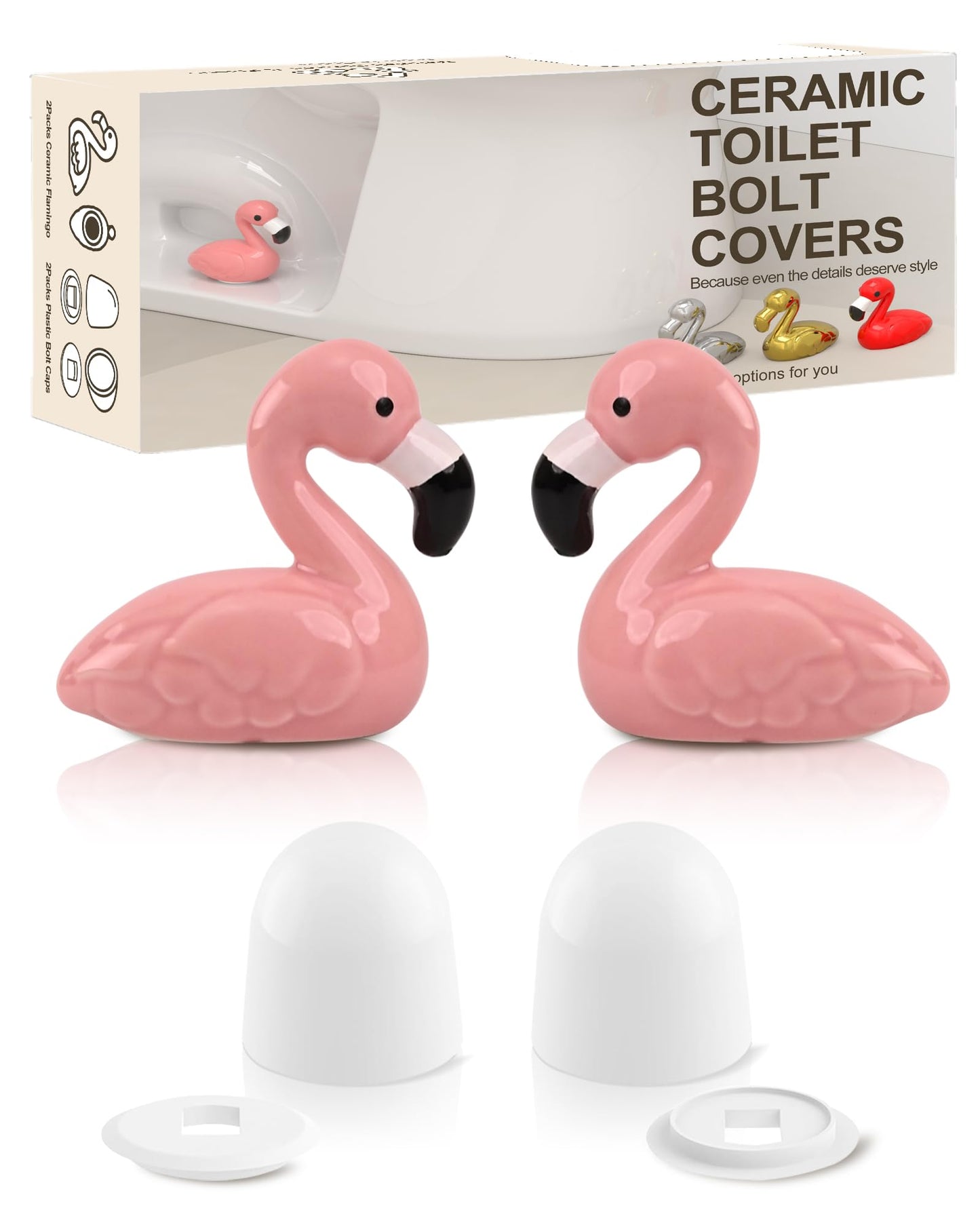 Flamingo Toilet Bolt Covers Decorative - 2PCs Cute Ceramic Toilet Bolt Caps for Bottom of Toilet, Pink Bathroom Christmas Decor Screw Covers, Flamingo-Gifts for Women